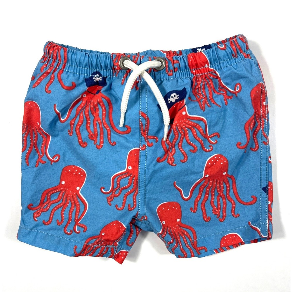 Baby Boden Octopus Pirate Print Swim Trunks Blue Red 3-6 Months Beach Summer EUC